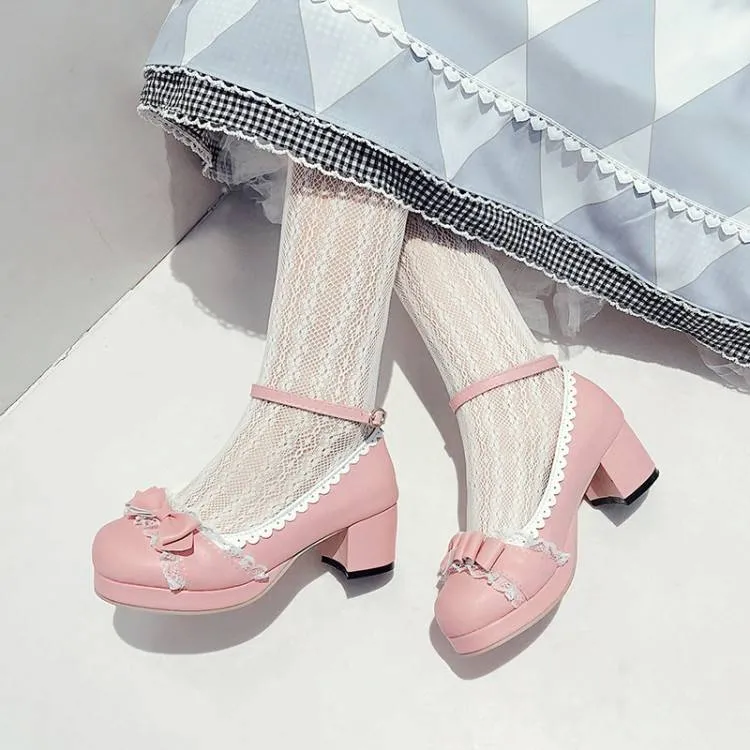 Women Lace Bow Tie Shallow Ankle Strap Block Chunky Heel Platform Pumps