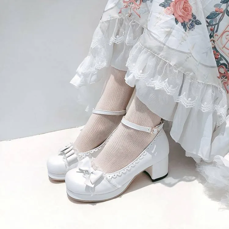 Women Lace Bow Tie Shallow Ankle Strap Block Chunky Heel Platform Pumps