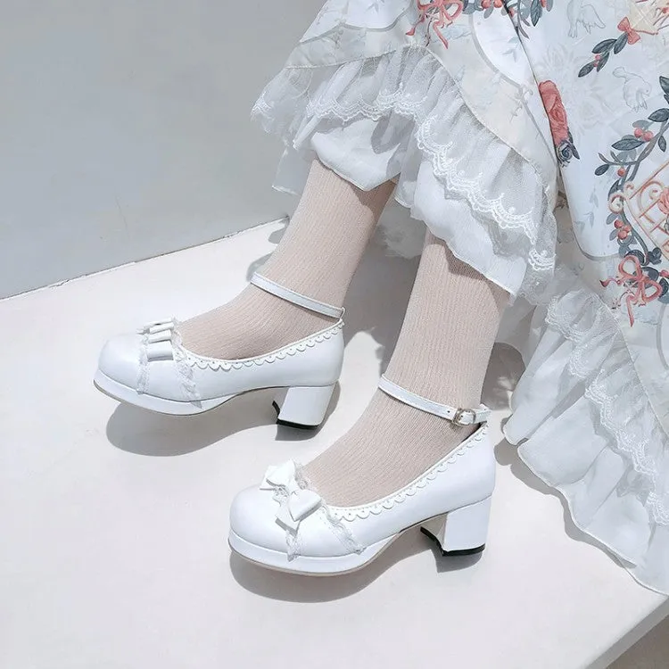 Women Lace Bow Tie Shallow Ankle Strap Block Chunky Heel Platform Pumps