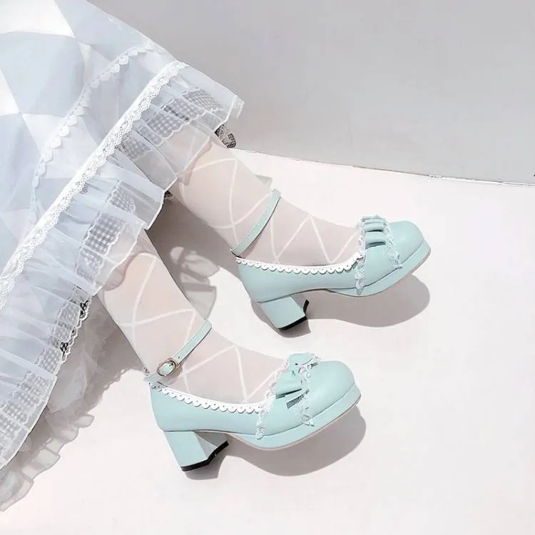 Women Lace Bow Tie Shallow Ankle Strap Block Chunky Heel Platform Pumps