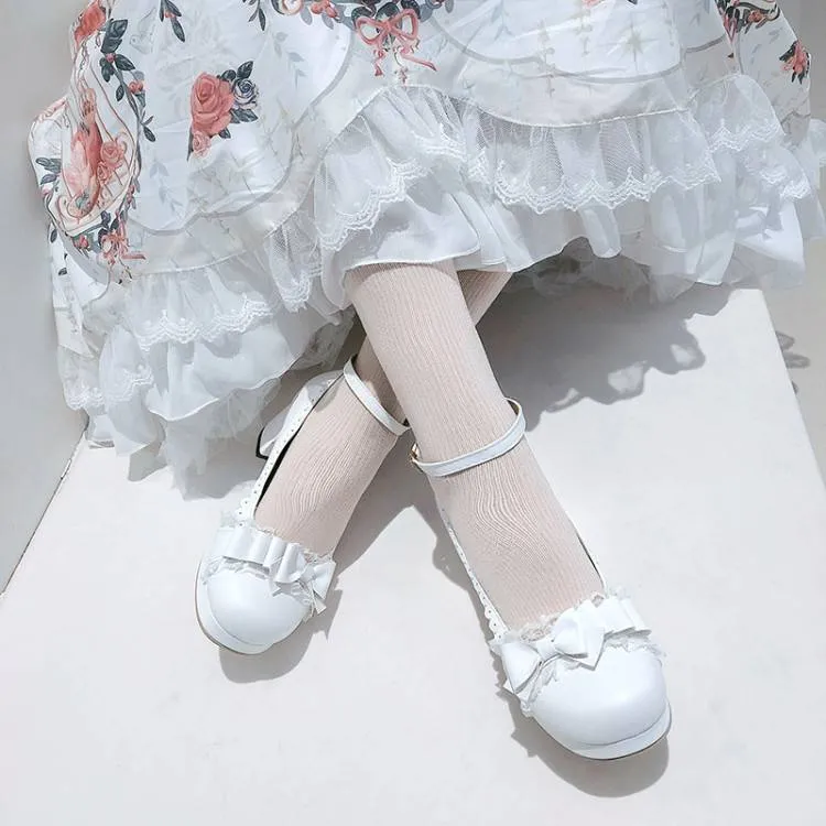 Women Lace Bow Tie Shallow Ankle Strap Block Chunky Heel Platform Pumps