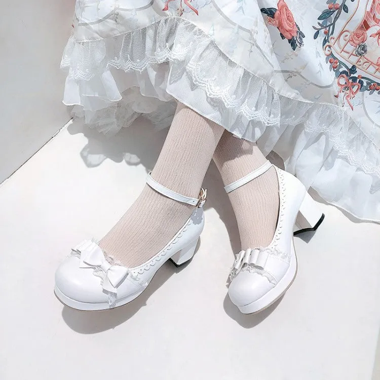 Women Lace Bow Tie Shallow Ankle Strap Block Chunky Heel Platform Pumps
