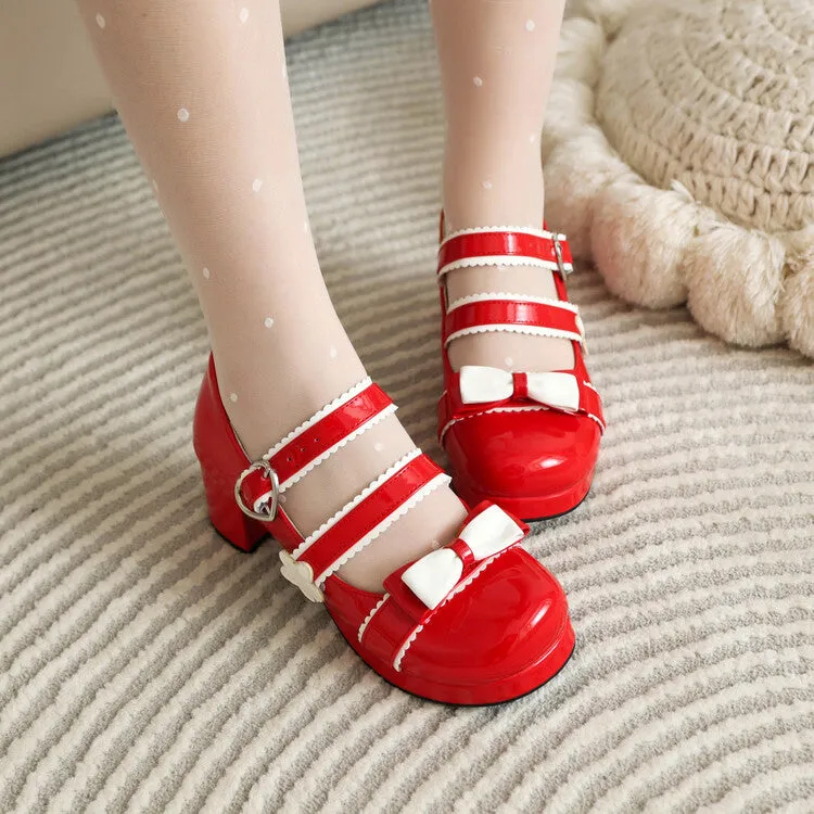 Women's Bow Tie Color Blocking Chunky Heel Platform Pumps High Heels Mary Jane Lolita Shoes