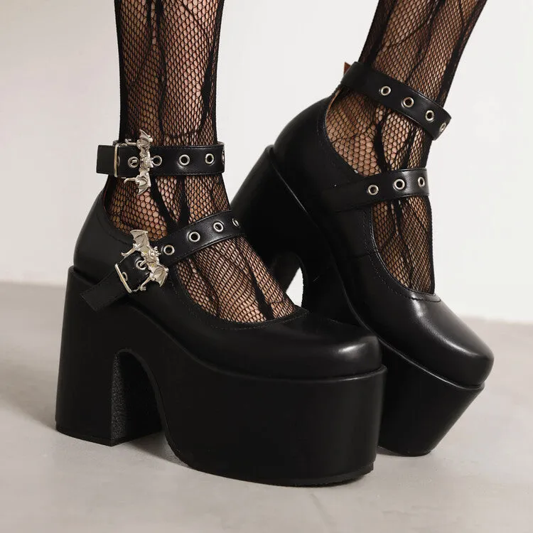 Women's Buckle Block Heel Mary Jane Platform Pumps