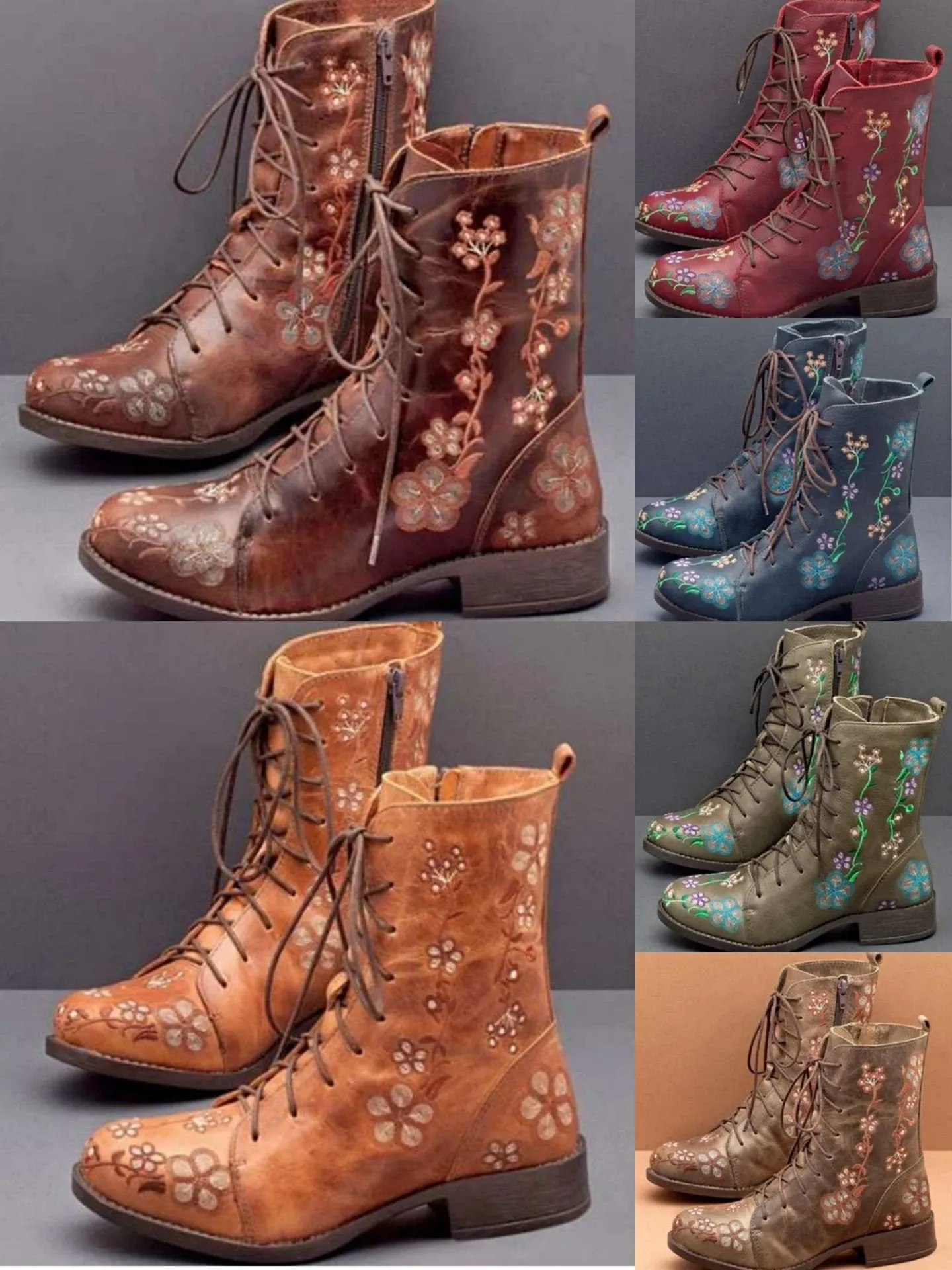 Women's flower embroidery zipper lace-up ankle boots low heel