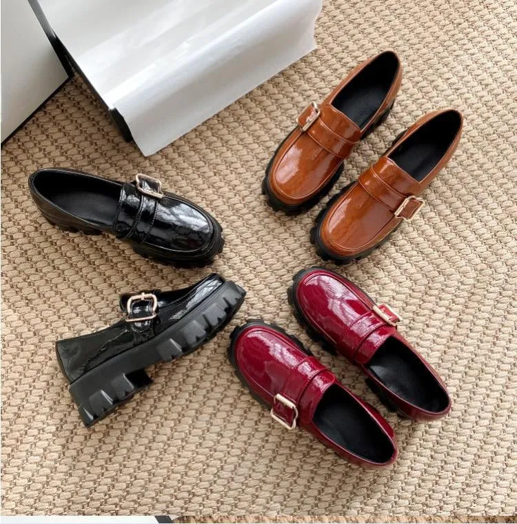 Women's Patent Leather Metal Buckle Platform Block Heel Shoes