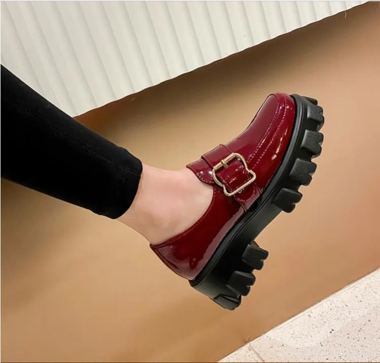 Women's Patent Leather Metal Buckle Platform Block Heel Shoes