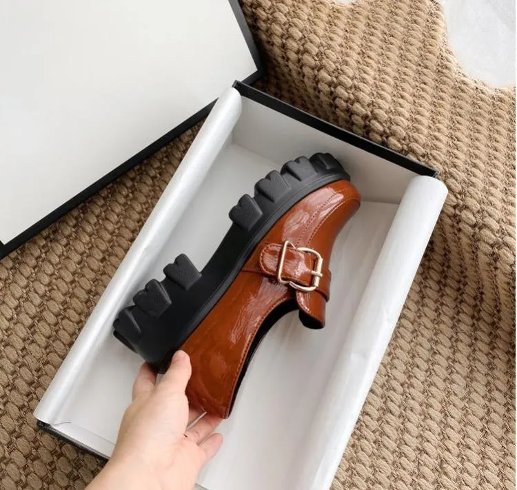 Women's Patent Leather Metal Buckle Platform Block Heel Shoes